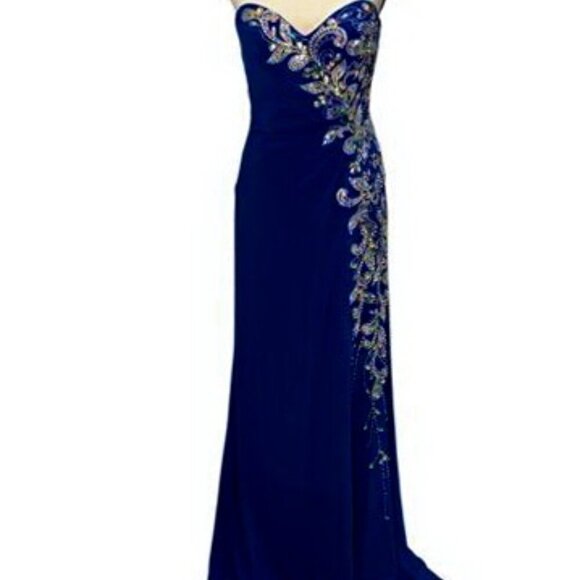 Royal Blue Strapless Embroidered Beaded Jersey Gown